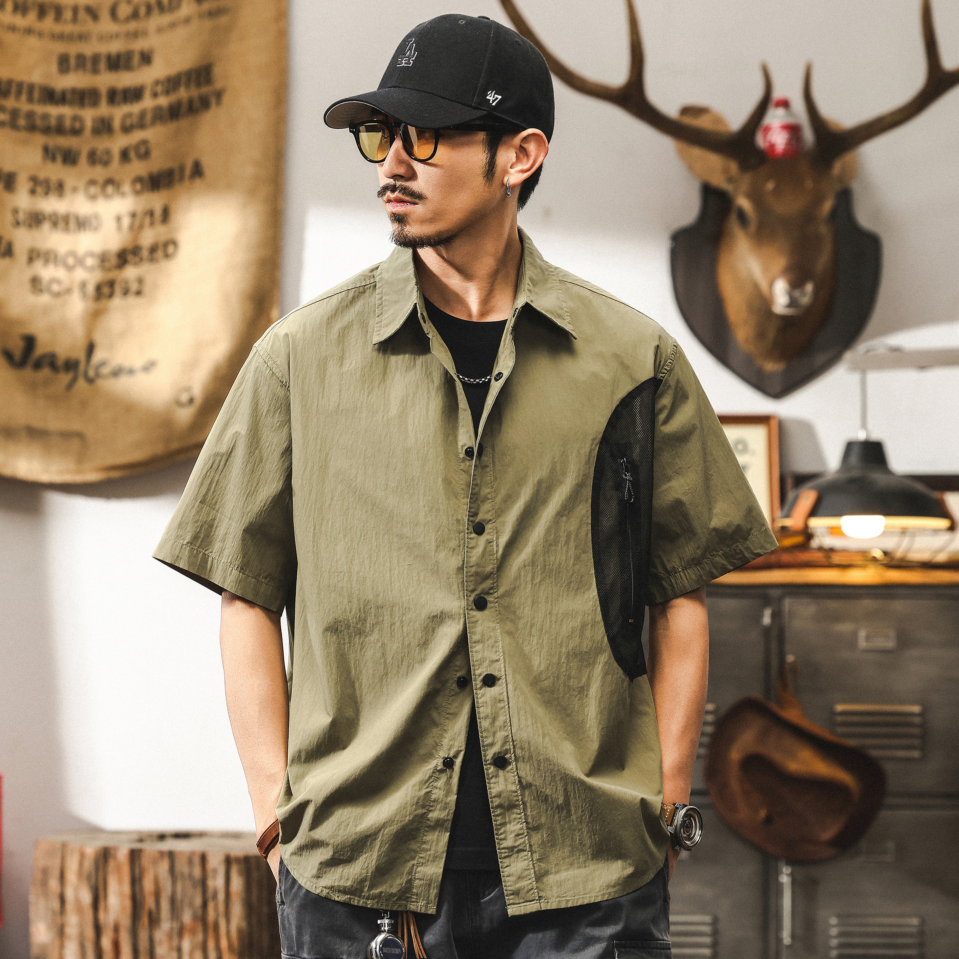 美式復古工裝襯衫男短袖夏季2025新款戶外釣魚機能寬鬆薄款襯衣男