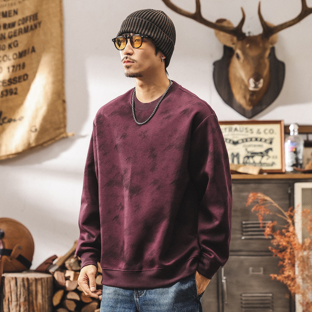 美式復古刷染重磅衛衣男春秋潮牌2025新款潮流長袖t恤男寬鬆上衣