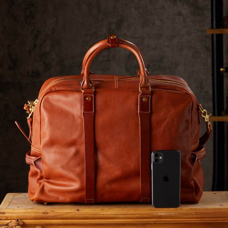手工頭層植鞣牛皮手提包男士出差健身單肩斜挎包真皮大容量旅行包