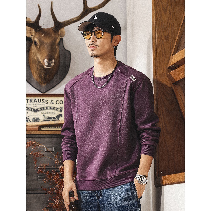美式復古紫色衛衣男春秋2025新款拼接潮流長袖t恤男寬鬆秋季上衣