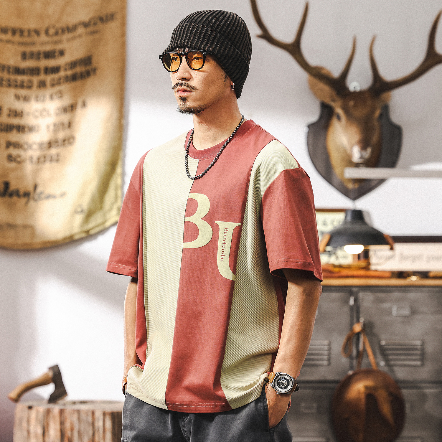 美式230g重磅復古短袖T恤男潮牌拼接撞色男士上衣半袖男體恤