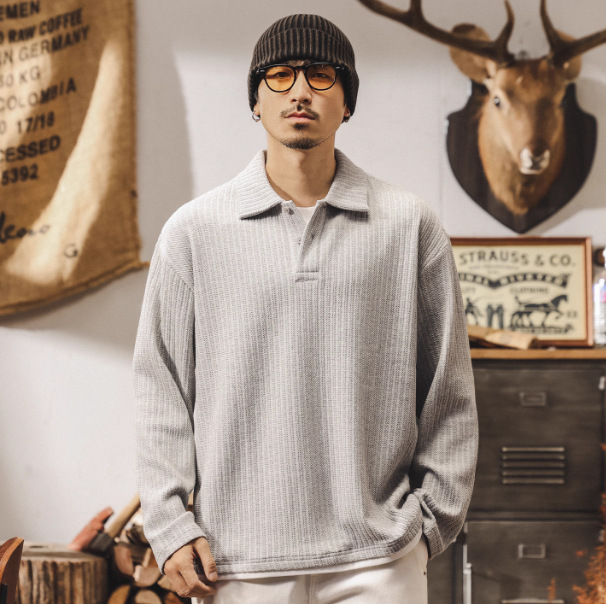 美式重磅復古Polo衫男士秋季新款針織提花毛衣潮流假兩件長袖上衣