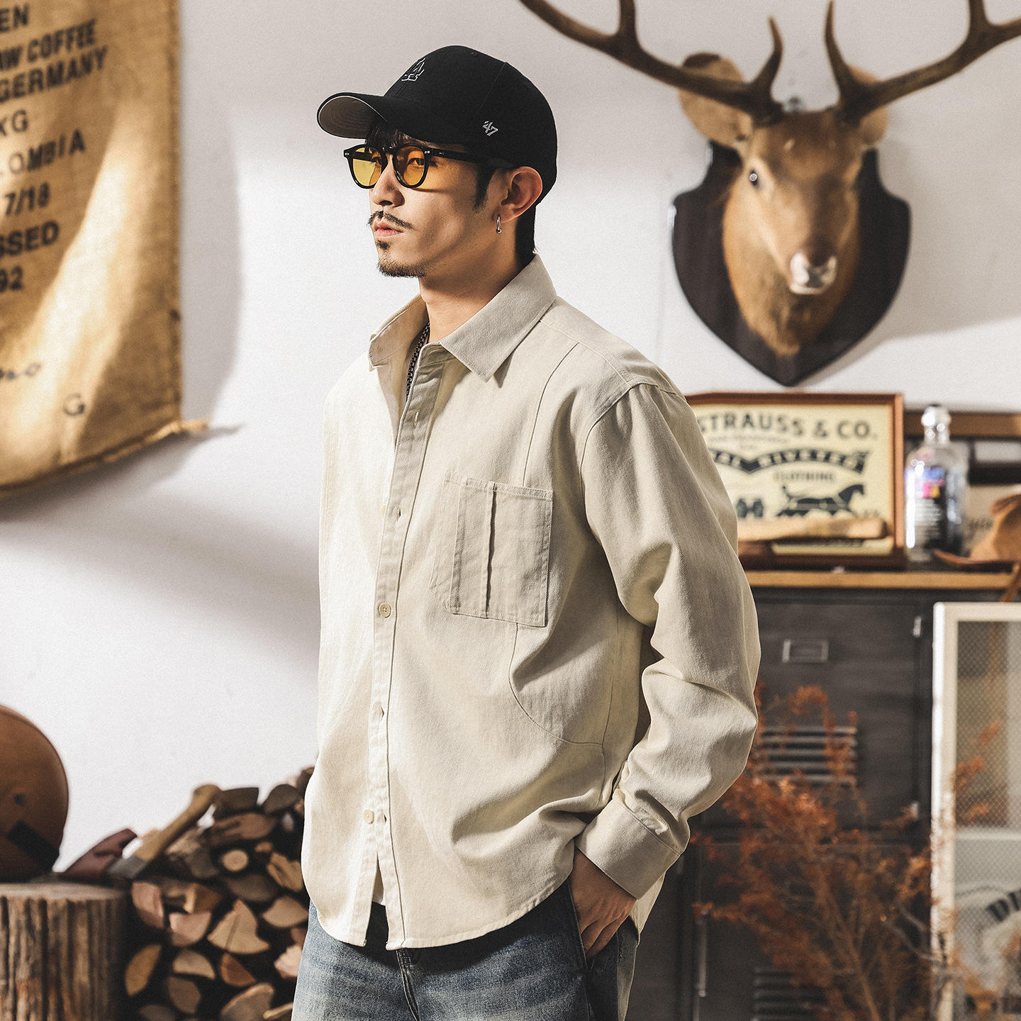 美式復古工裝襯衫男長袖秋季潮牌寬鬆休閒外套男春秋男裝襯衣
