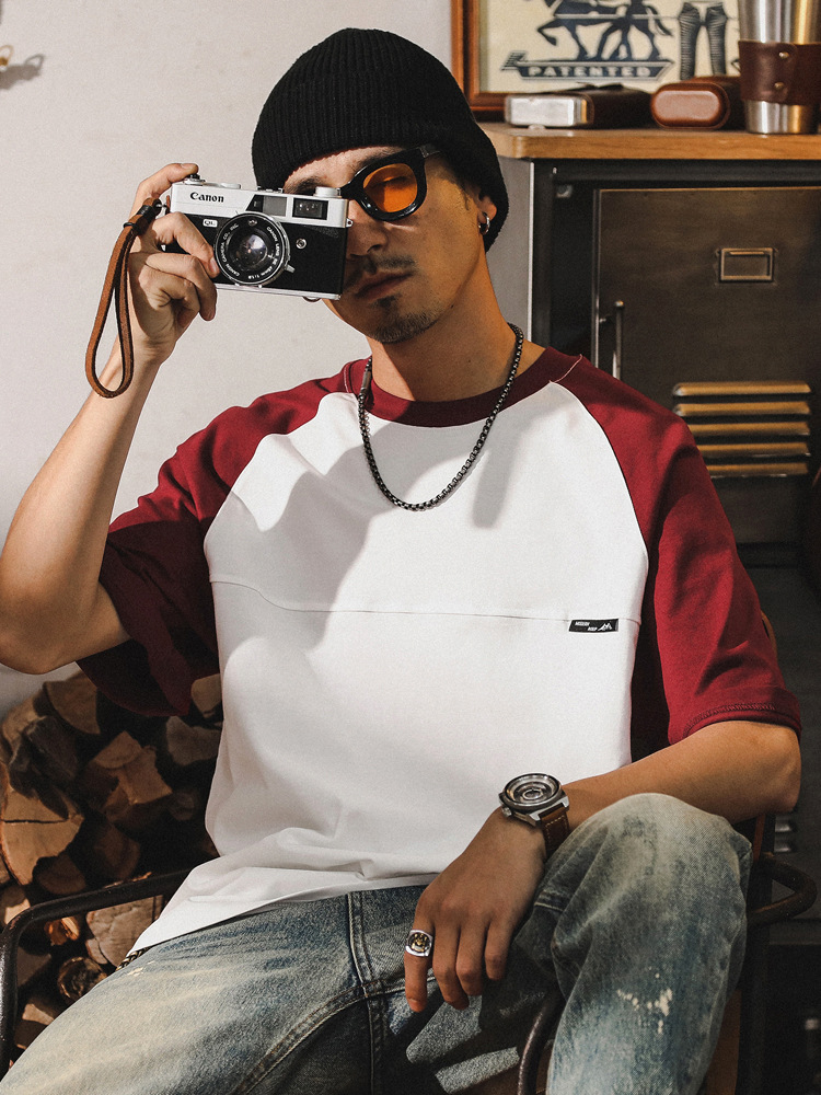 230g重磅T恤男夏季寬鬆潮牌短袖2024新款插肩袖撞色潮流男士上衣