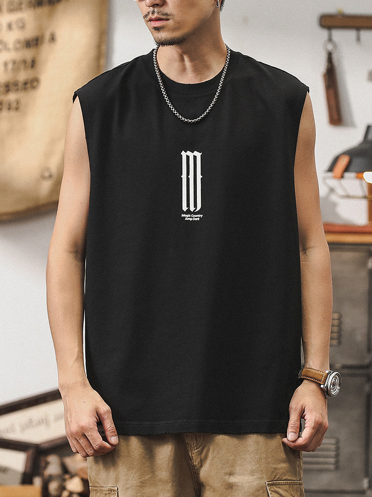 無袖T恤男夏季潮流復古做舊坎肩男款純棉背心重磅運動健身上衣潮T