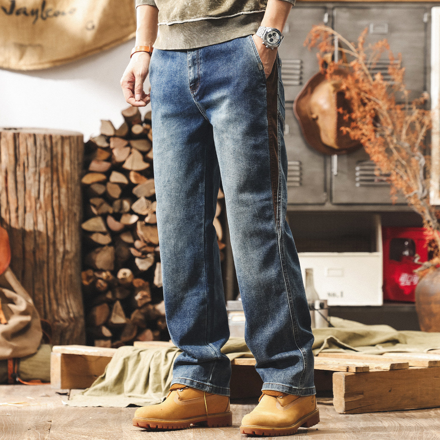 美式復古重磅拼接牛仔褲男2026新款寬鬆直筒褲子男春季潮牌休閒褲