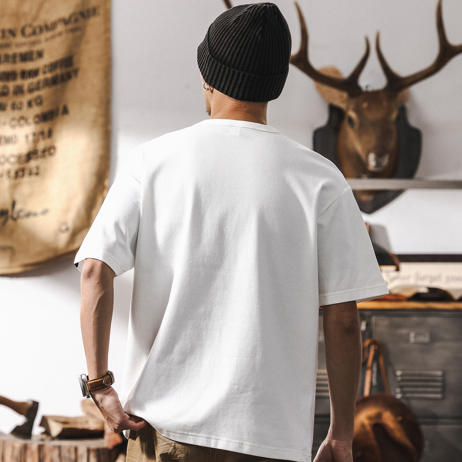 美式復古230g針織亨利領短袖T恤男夏季潮流百搭寬鬆休閒男士上衣