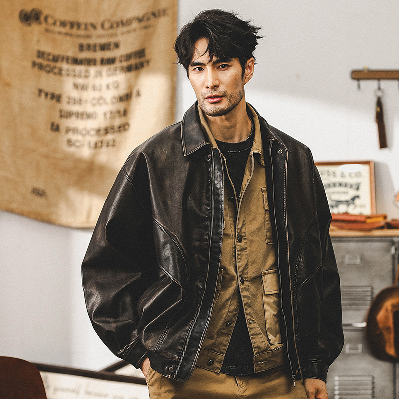 美式復古廢土風軟皮衣外套男秋季潮牌寬鬆痞帥硬漢機車工裝夾克男