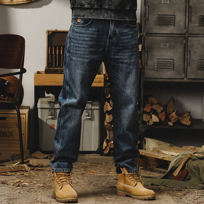 杰雷諾美式重磅石磨水洗牛仔褲男直筒寬鬆春秋季刺繡休閒長褲子男