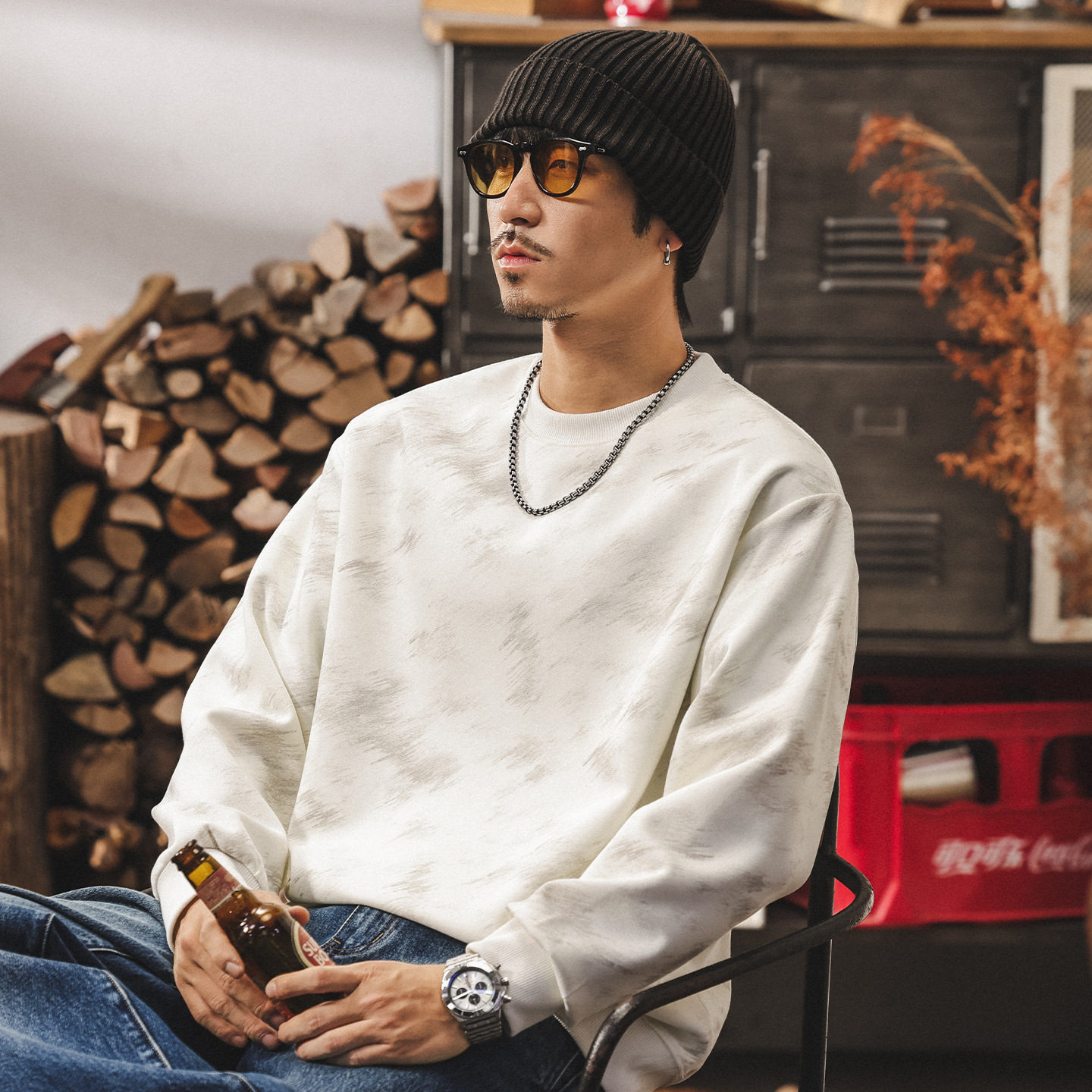 美式復古髒髒扎染重磅衛衣男2025新款潮流寬鬆大碼休閒圓領上衣男