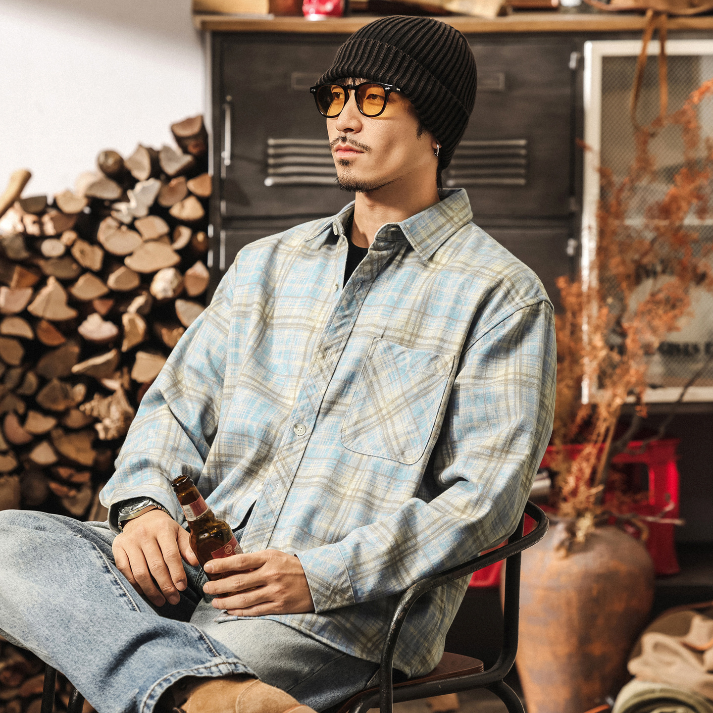 美式復古斜紋萊賽爾色織格子襯衫男長袖2025新款潮牌寬鬆襯衣外套