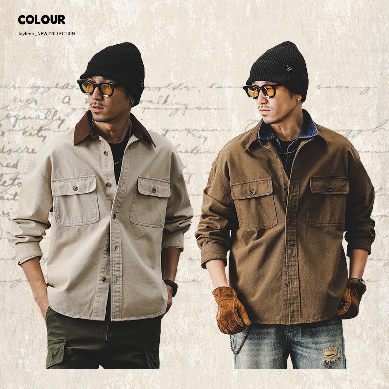 美式復古工裝襯衫男長袖寬鬆潮牌硬漢獵裝夾克男春季襯衣男士外套