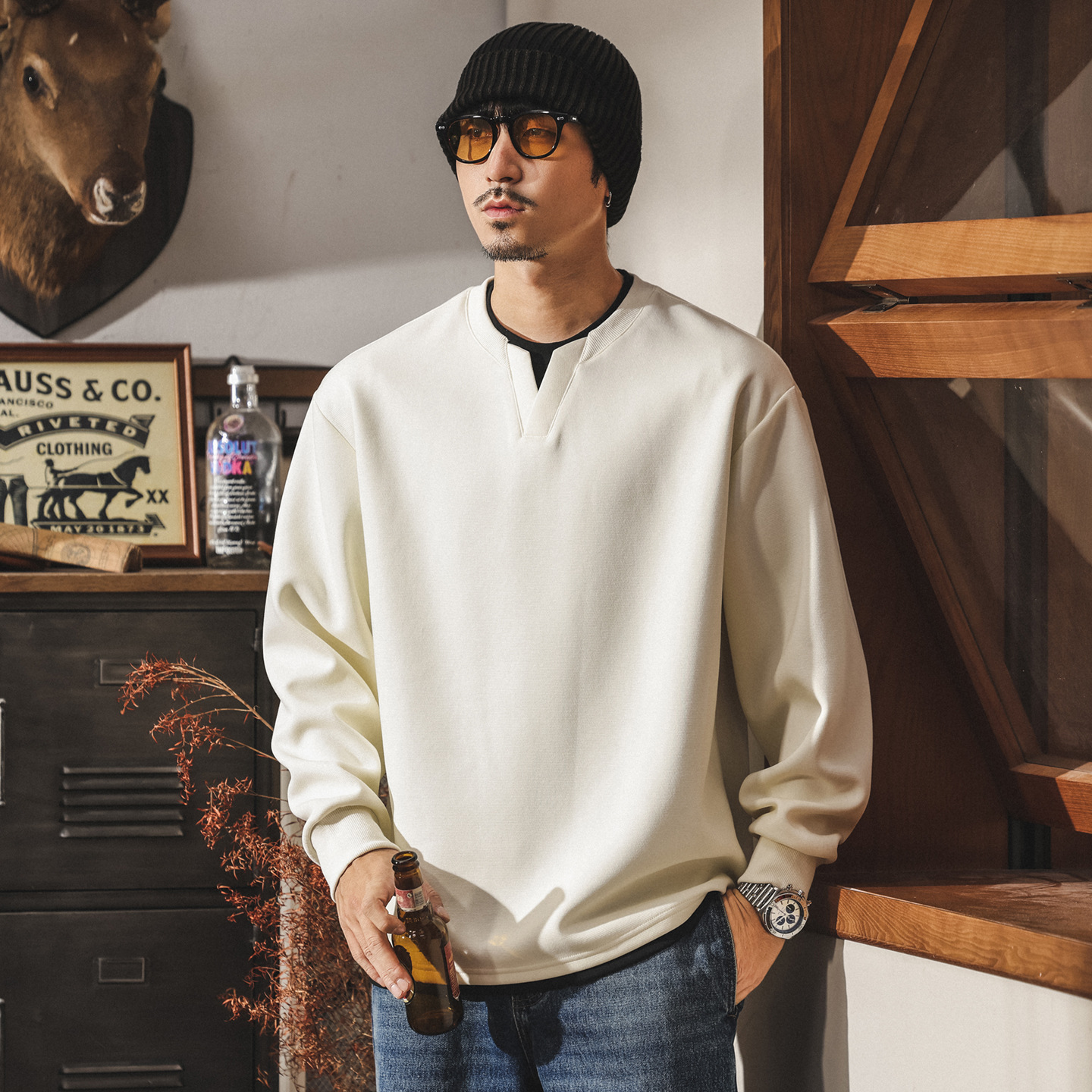 美式復古280g重磅衛衣男春秋2025新款假兩件V領長袖t恤秋季上衣男