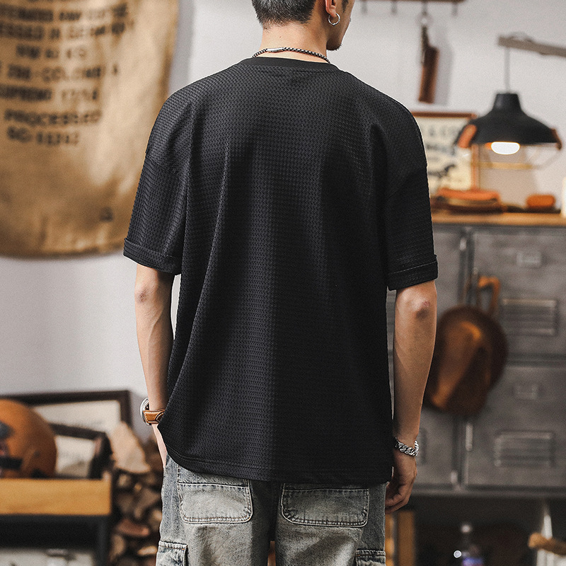 夏季薄款冰絲涼感短袖男2024新款潮牌格紋男士T恤寬鬆垂感半袖男