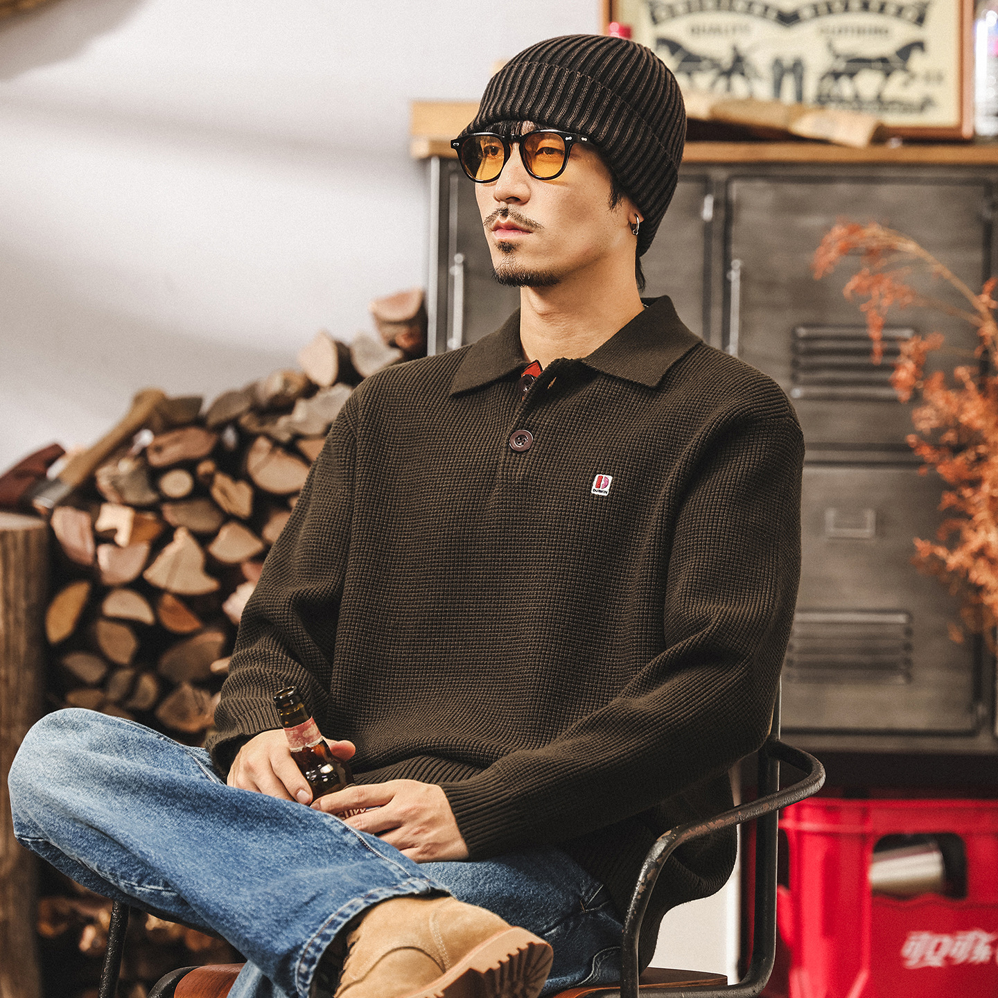 美式復古重磅毛衣男秋冬款翻領古着輕熟寬鬆長袖Polo老錢風針織衫