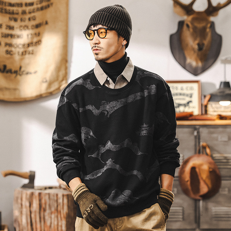 美式重磅復古假兩件衛衣男長袖春秋2025新款提花仿毛織襯衫領男裝
