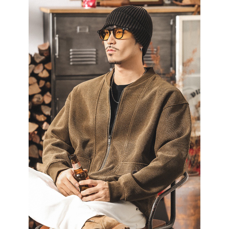 美式覆古歐棉絨重磅開衫衛衣男秋季新款潮流提花棒球服外套男春秋