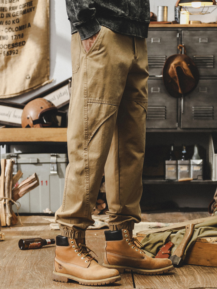 美式復古休閒褲男秋季潮牌寬鬆大碼束腳褲戶外工裝男士卡其色褲子