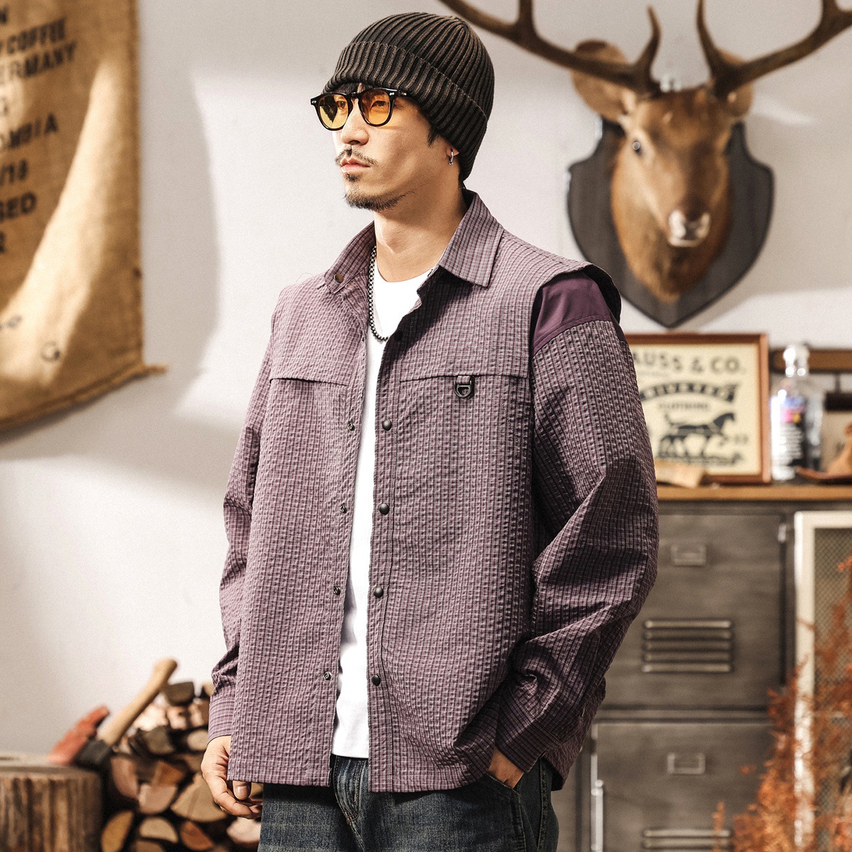 美式復古空氣層蓬鬆感格子襯衫男長袖2025新款寬鬆男士外套春秋款