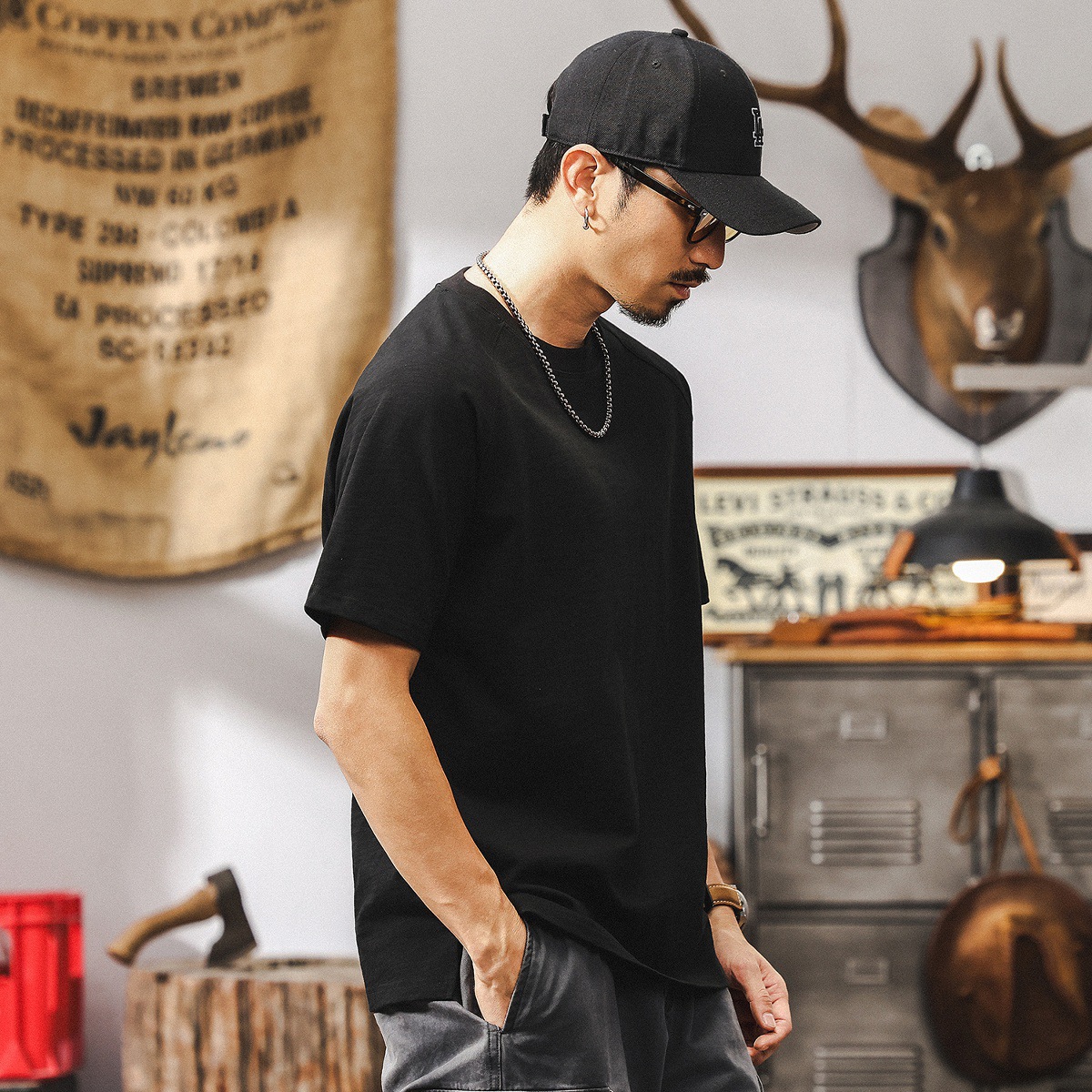 美式復古21支高密竹節T恤男夏季短袖潮牌寬鬆男士插肩袖上衣