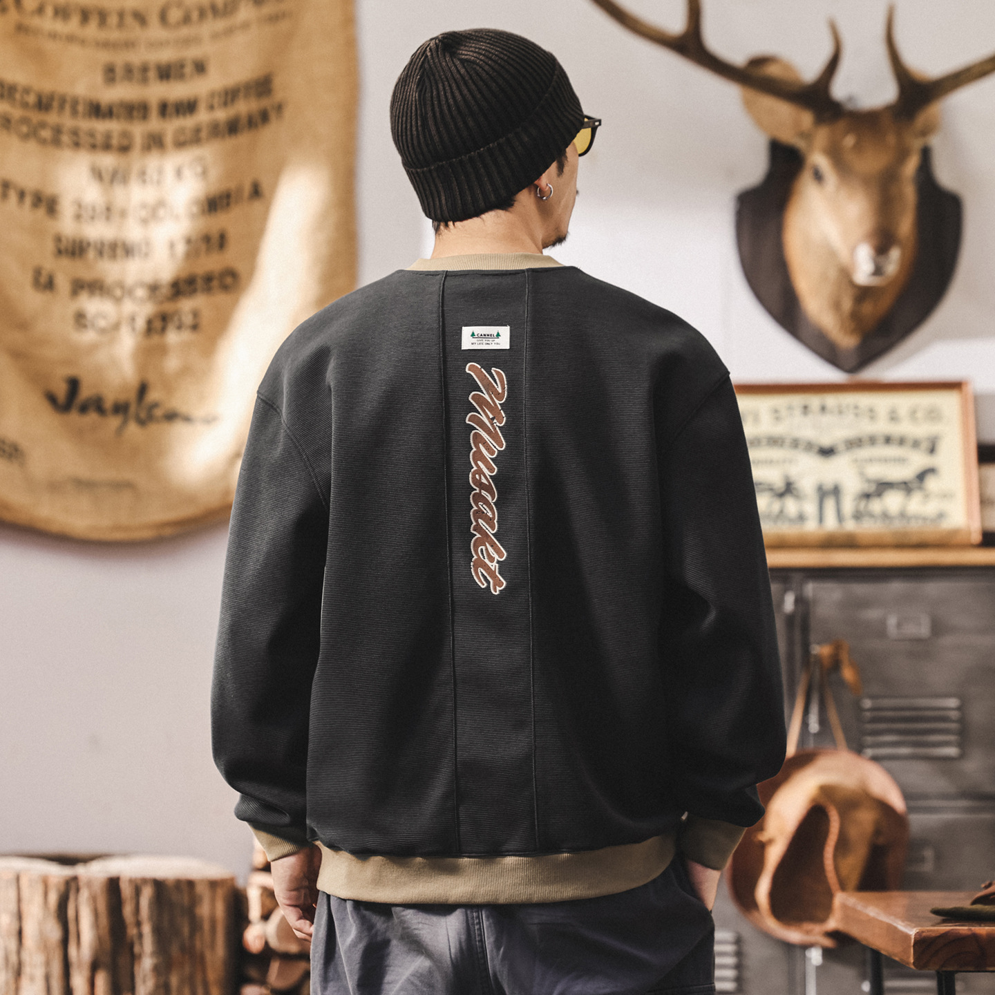 美式復古潮流字母刺繡衛衣男士秋季新款潮牌拼接重磅寬鬆長袖上衣