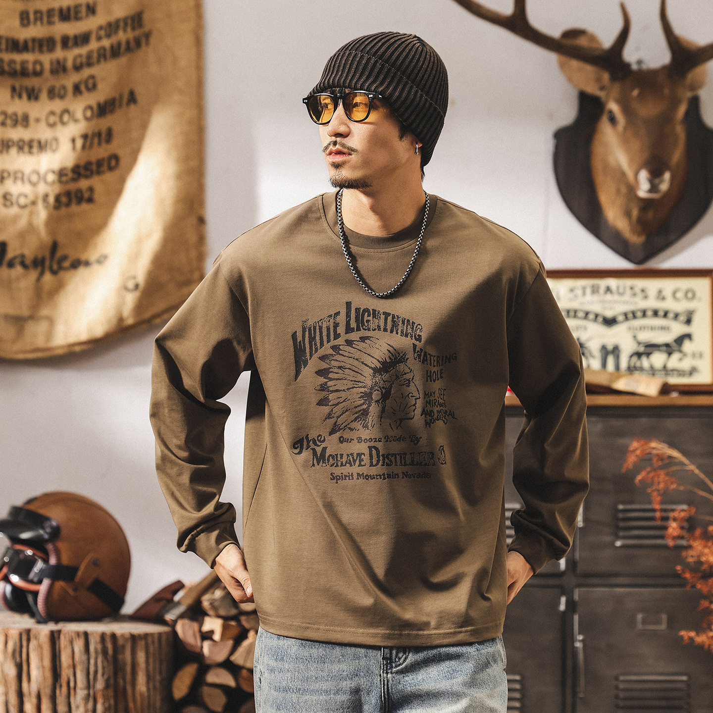 美式復古長袖男t恤春秋2025新款印第安納部落寬鬆休閒上衣純棉T男