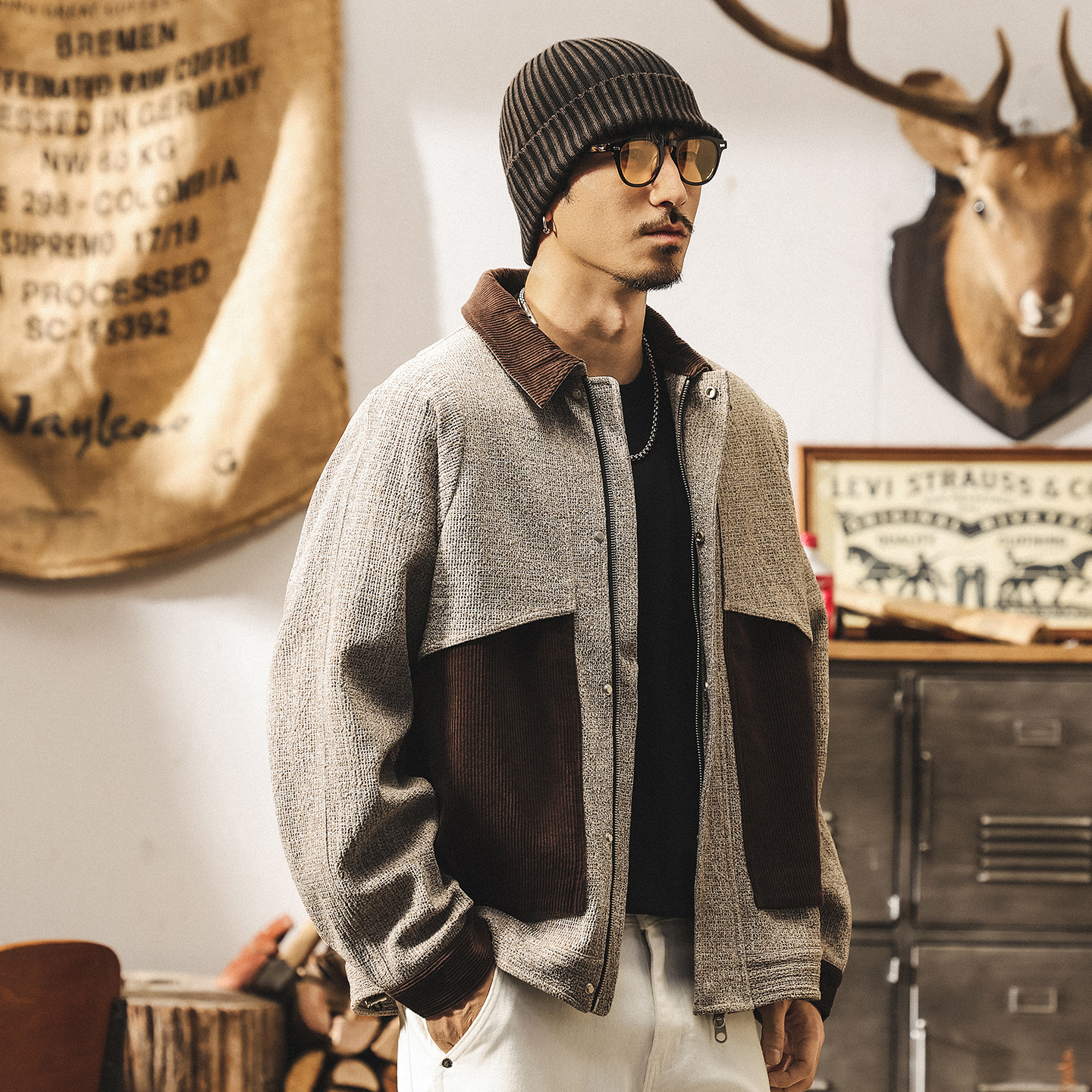 美式復古仿羊毛花紗外套男秋冬款高端潮牌拼接撞色巴恩風工裝夾克