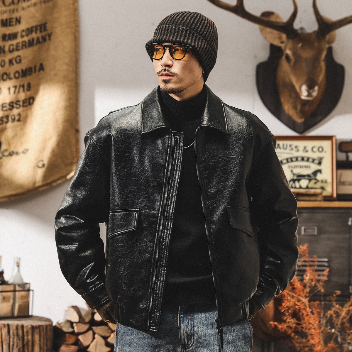 美式復古90%鴨絨加厚羽絨服男冬季加厚保暖潮流帥氣機車皮衣外套