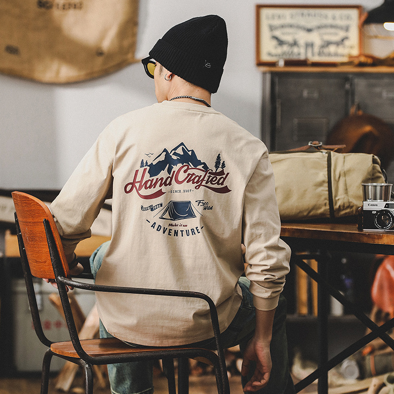 260g重磅双本针男士T恤长袖美式山系印花宽松上衣潮牌衣服男纯棉T