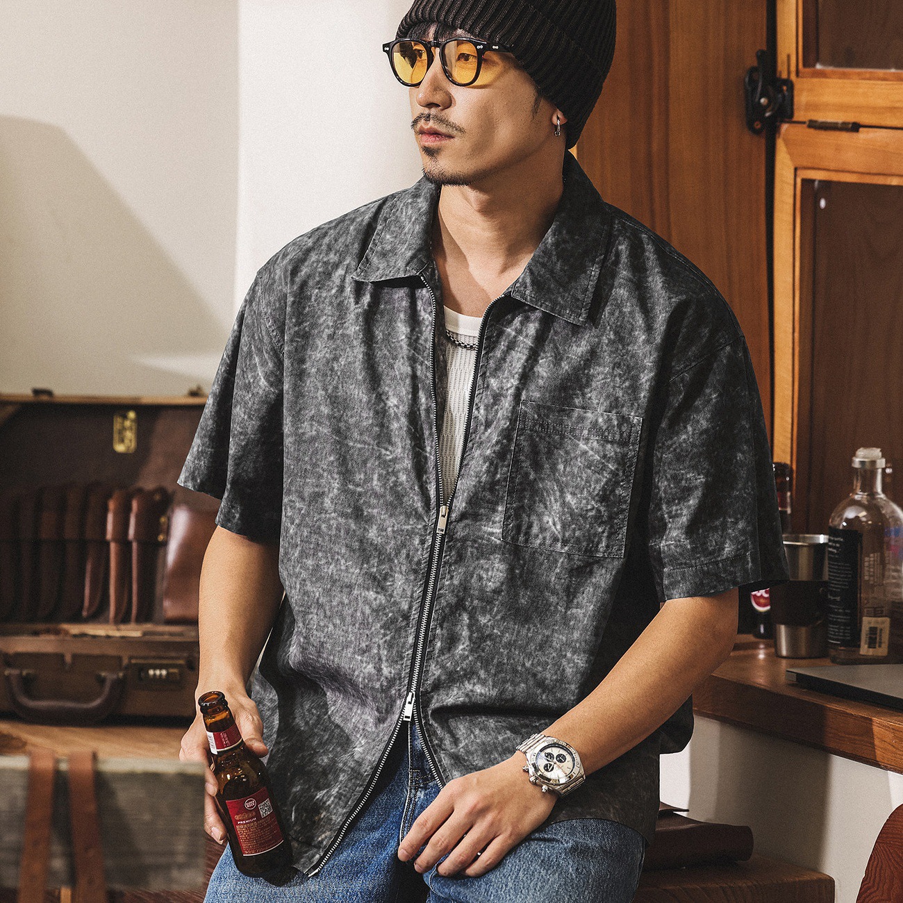 美式復古做舊扎染短袖襯衫男夏季2026新款潮流外套痞帥寬鬆襯衣男