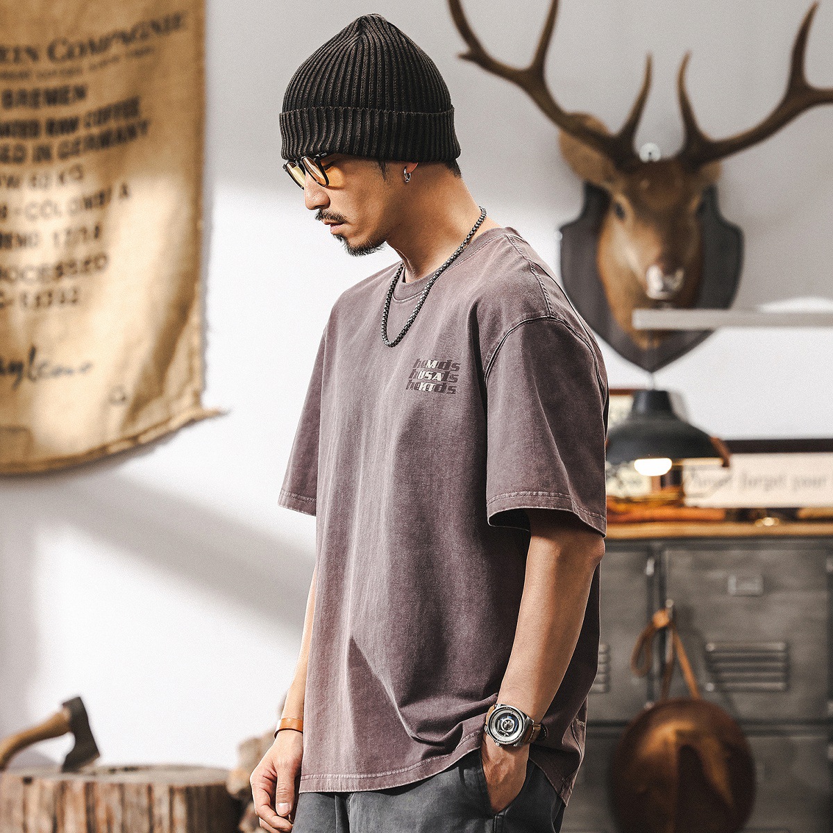 美式復古做舊水洗T恤男夏季2025年新款男士短袖260g重磅體恤