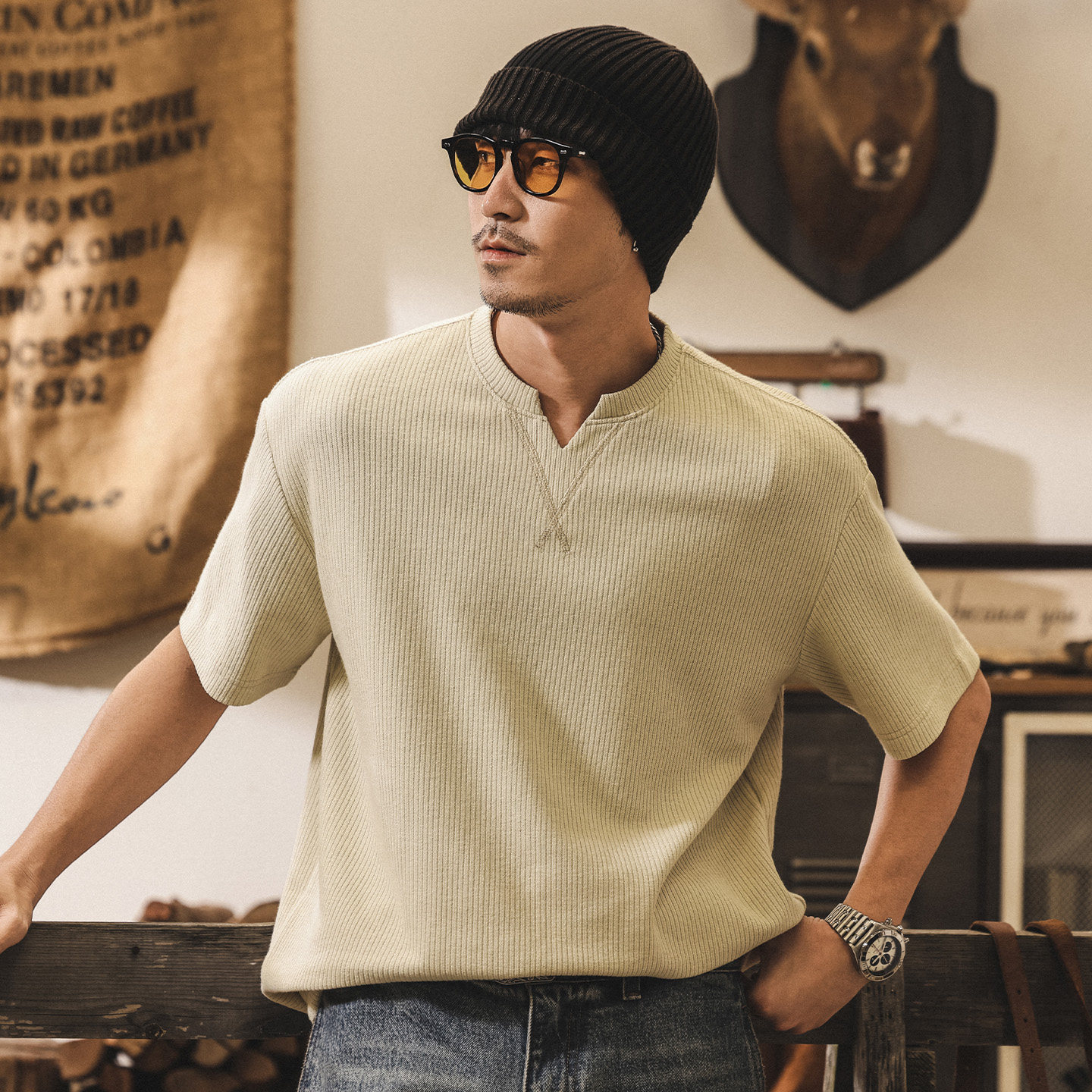 美式復古條紋肌理針織V領男士短袖T恤夏季2026新款寬鬆休閒上衣男