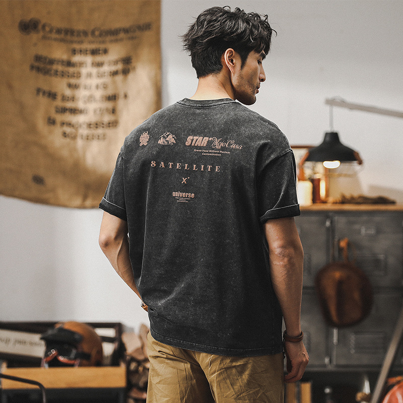 美式重磅短袖T恤男夏季寬鬆大碼潮牌2024新款水洗復古半袖男體恤