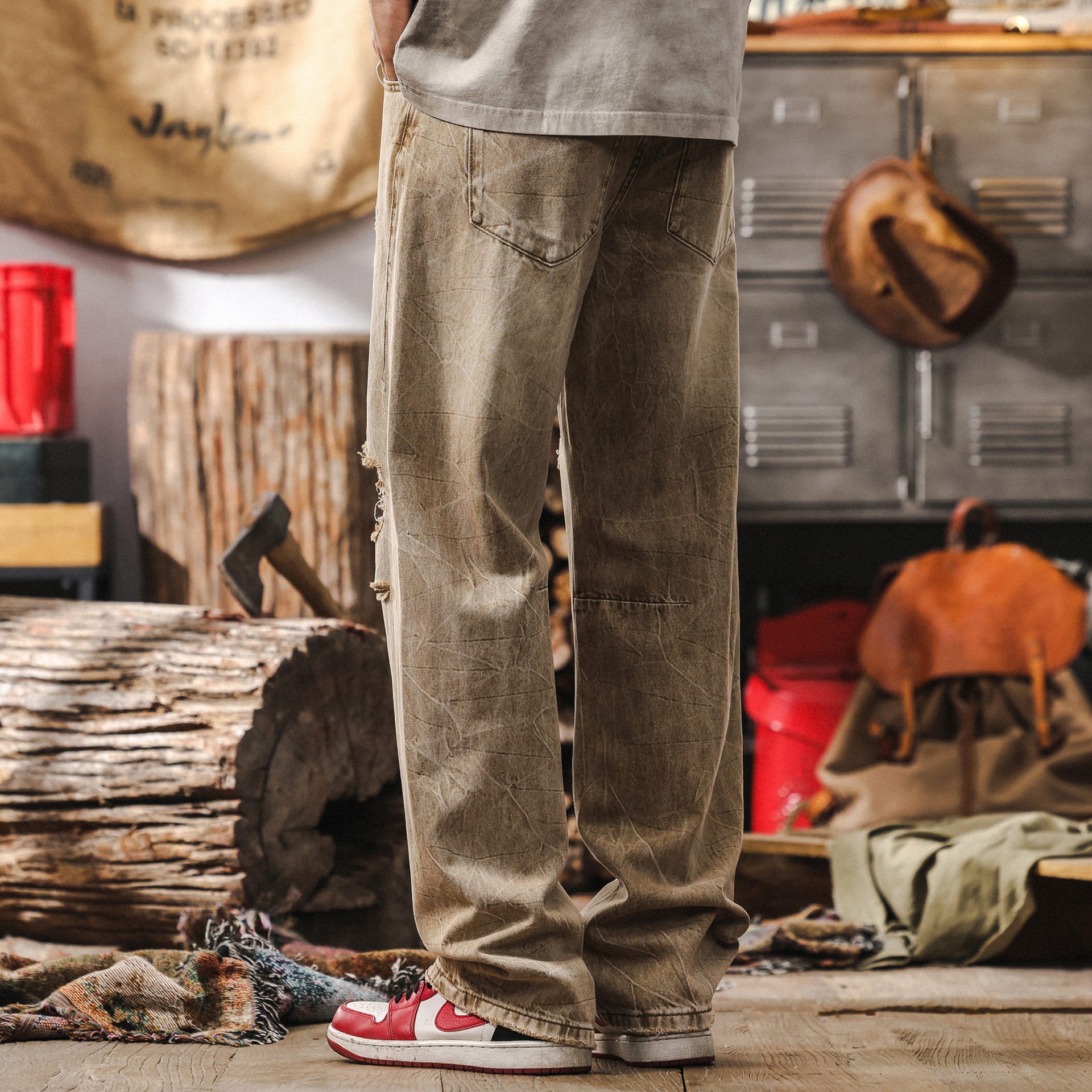 美式復古扎花水洗薄款牛仔褲男春夏季寬鬆直筒潮牌乞丐破洞長褲子