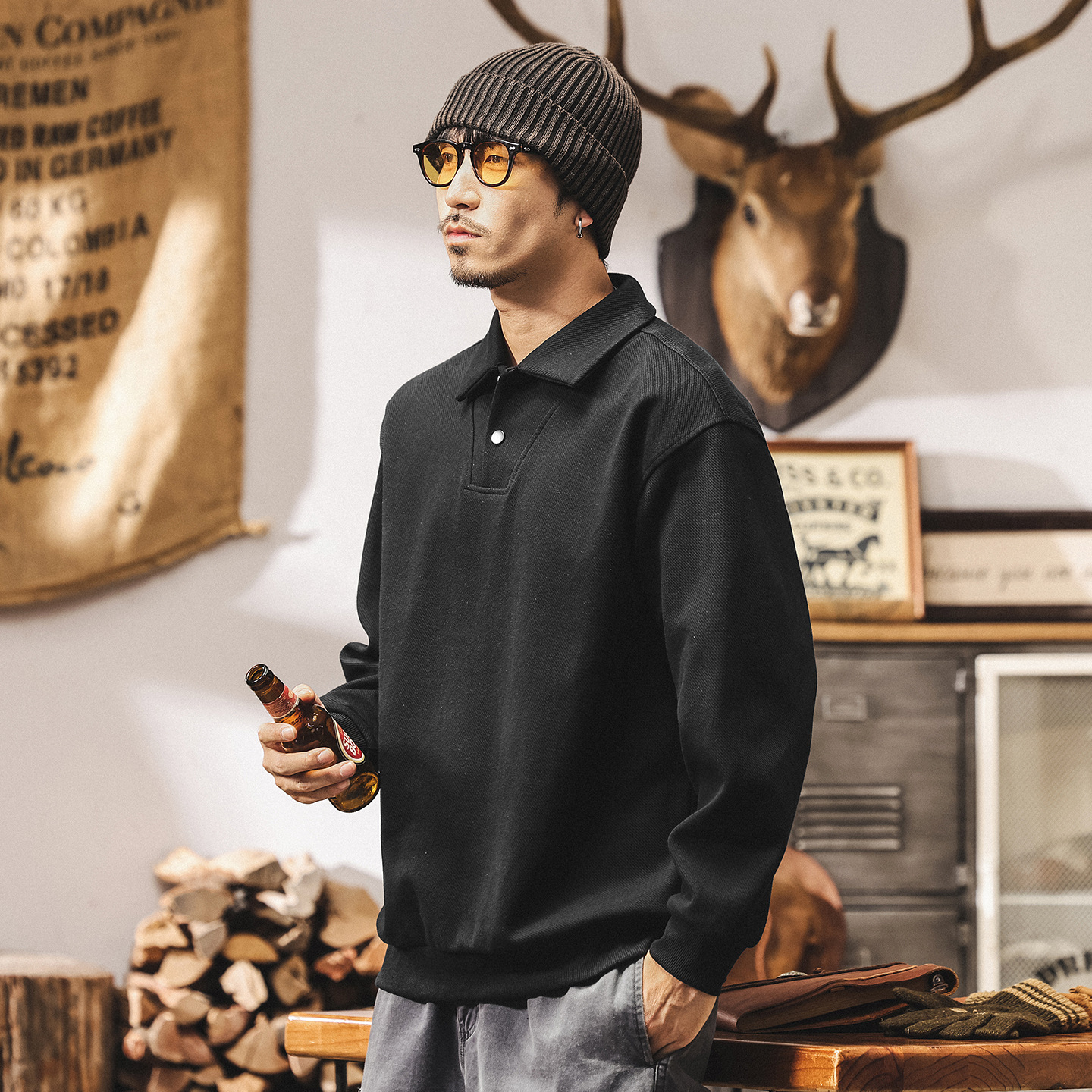 美式復古重磅Polo領衛衣男春秋2025新款簡約輕熟寬鬆休閒翻領上衣