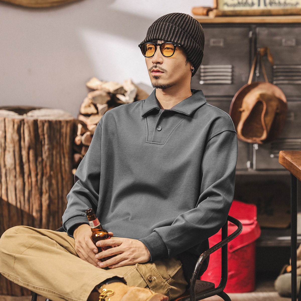 美式復古380g重磅Polo領衛衣男春秋2025新款寬鬆休閒翻領男士上衣