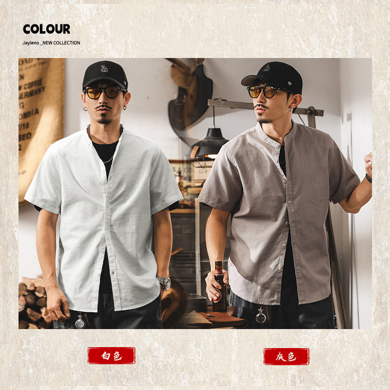 中式復古高級感棉麻襯衫男士短袖夏季新款潮牌寬鬆立領國風襯衣男