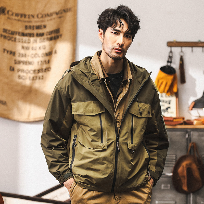 美式復古衝鋒衣外套男秋季寬鬆潮牌戶外獵裝戰術機能連帽工裝夾克