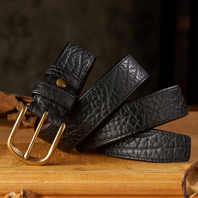 手工真皮男士野牛皮純銅扣皮帶商務休閒頭層牛皮高檔針扣腰帶潮流