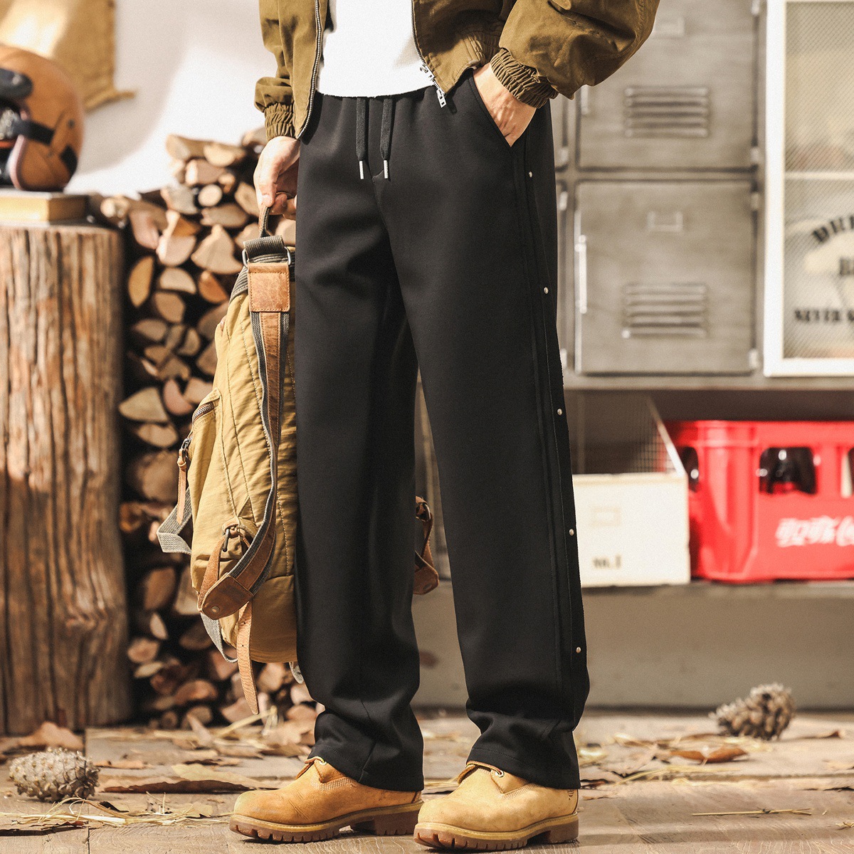 美式復古重磅空氣層衛褲男秋季新款男士寬鬆休閒直筒排扣運動長褲