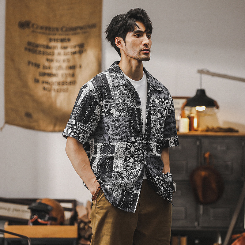 杰雷諾古巴領襯衫男短袖夏季涼感泡泡紗美式夏威夷痞帥民族風襯衣