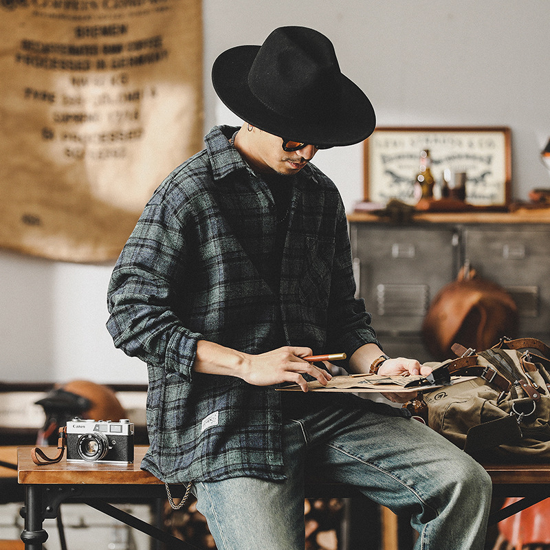 春季新款重磅色織格紋襯衫男長袖美式重磅復古2024新款春秋外套男