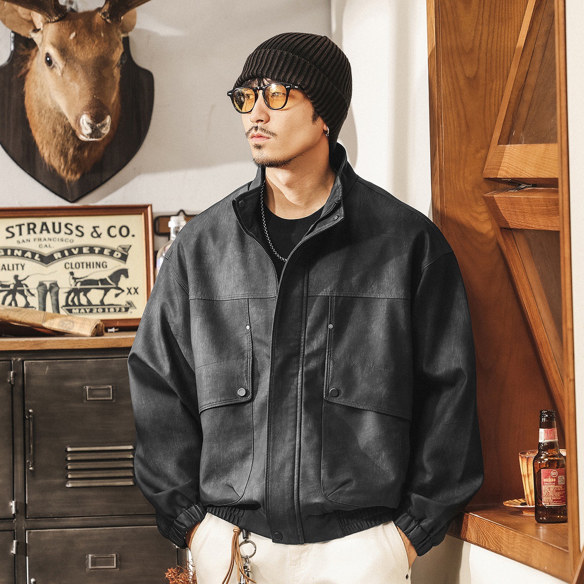 美式復古啞光做舊PU皮衣外套男春秋新款潮流痞帥機車立領工裝夾克