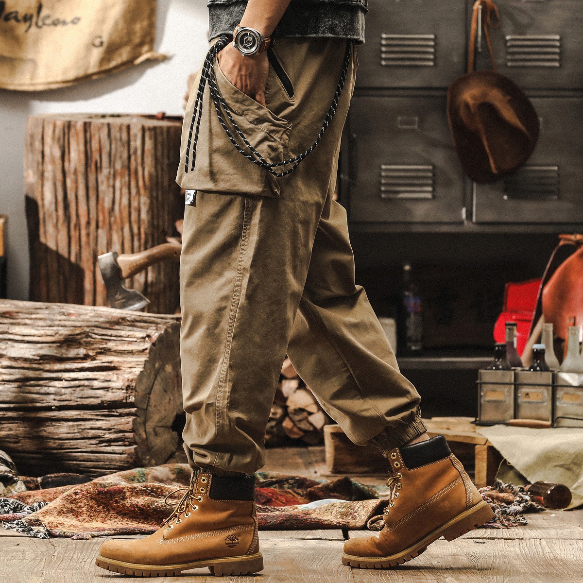 美式復古卡其色工裝褲子男秋季寬鬆闊腿褲新款戶外潮牌男士休閒褲