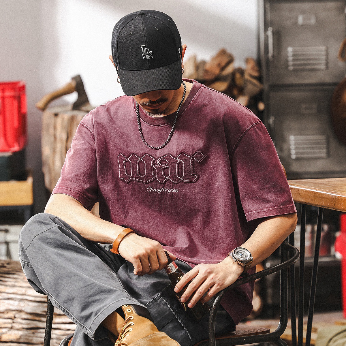 美式復古酒紅色刺繡重磅T恤男短袖夏季潮流2025新款寬鬆休閒上衣T