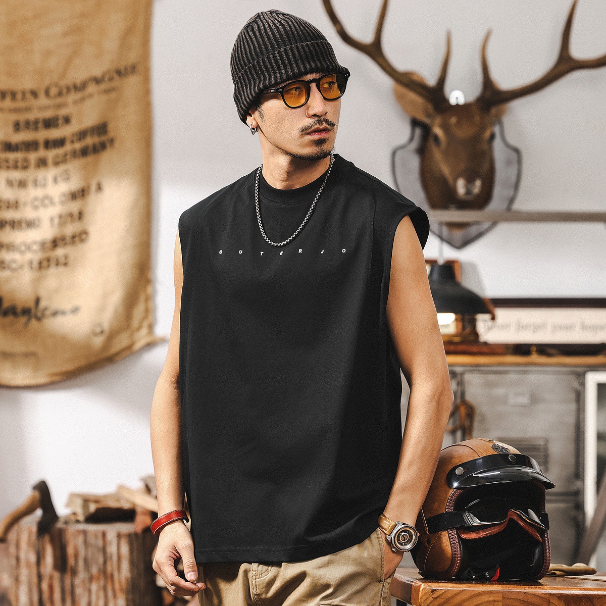 索羅娜涼感無袖T恤男夏季潮牌發泡印花寬鬆男士運動健身坎肩背心