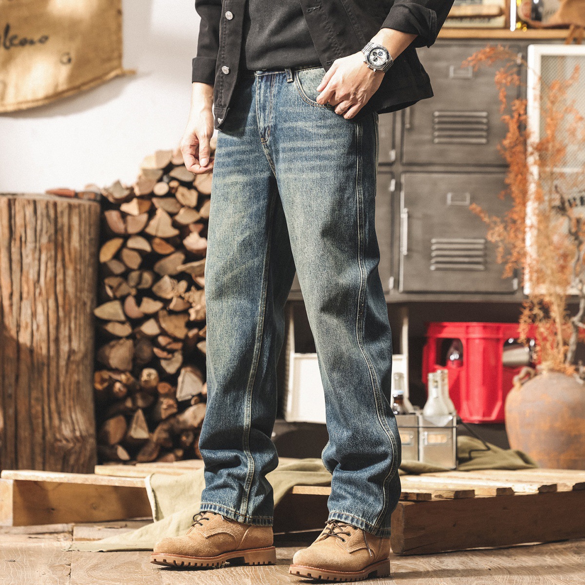 美式經典復古水洗牛仔褲男2026春季新款寬鬆直筒潮牌休閒長褲子男