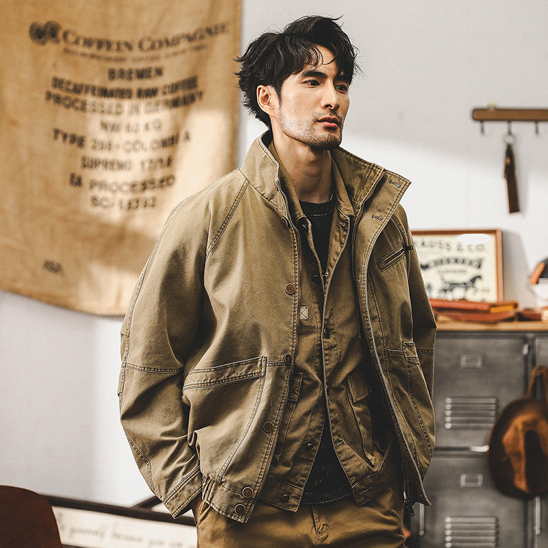 美式復古卡其色工裝外套男春秋款潮牌寬鬆水洗硬漢獵裝休閒夾克男