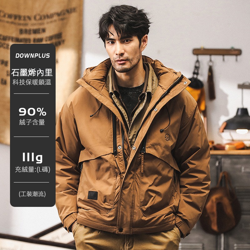 美式復古90灰鴨絨工裝羽絨服男冬季2024新款戶外連帽外套男秋冬款