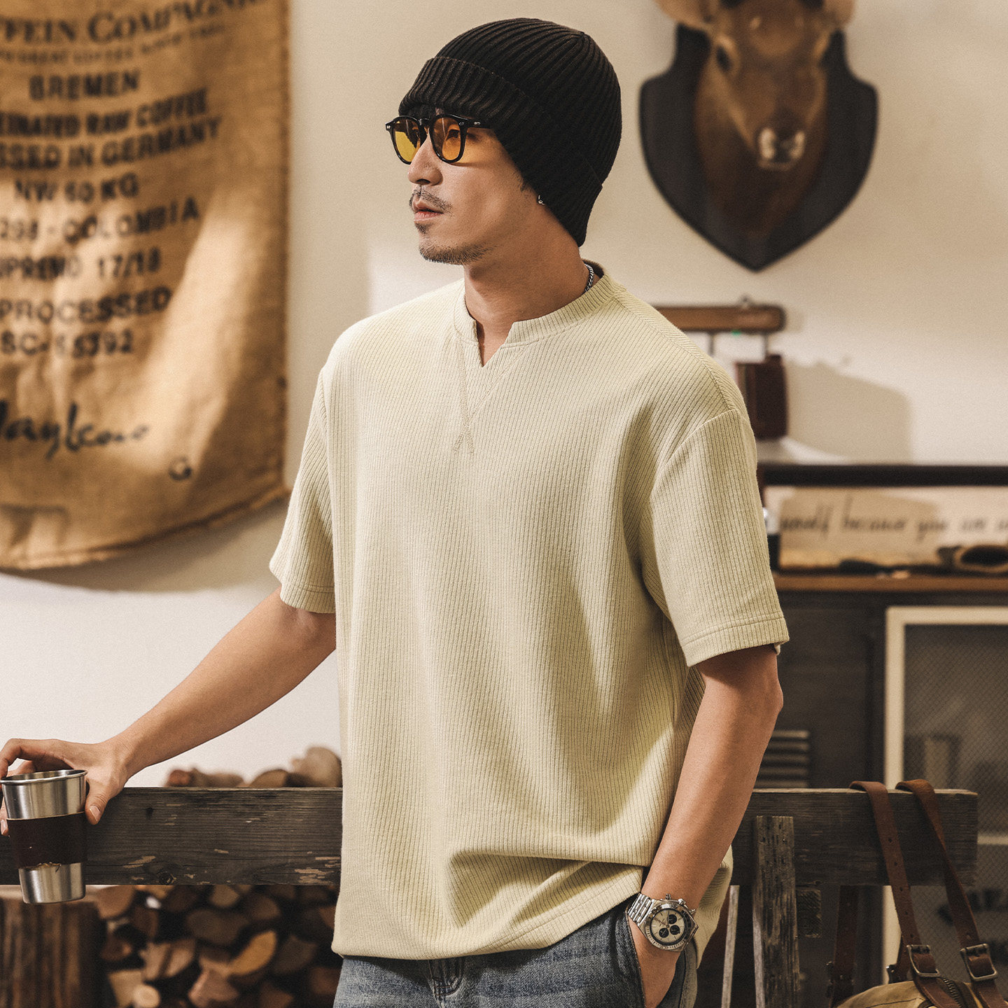 美式復古條紋肌理針織V領男士短袖T恤夏季2026新款寬鬆休閒上衣男